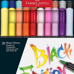 Faber-Castell 116452 – Set di penne a punta di feltro Black Edition 20 pezzi, con punta a pennello